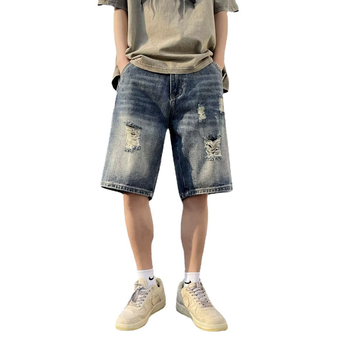 Five-point Denim Shorts Men's Korean-style Hole Loose Summer Thin Five-point Casual Pants Retro plus size Trendy Men's Pants