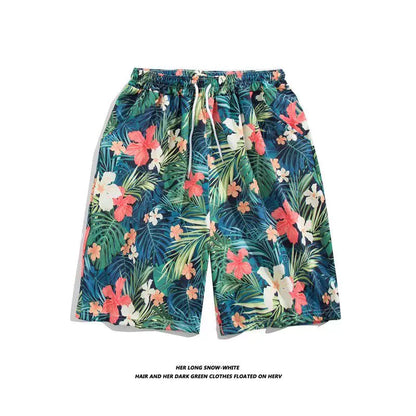 Trendy Hawaiian Beach Shorts for Men, Summer Casual Retro Printed Loose Shorts, Water-Resistant Thin Ice Silk Knee-Length Shorts