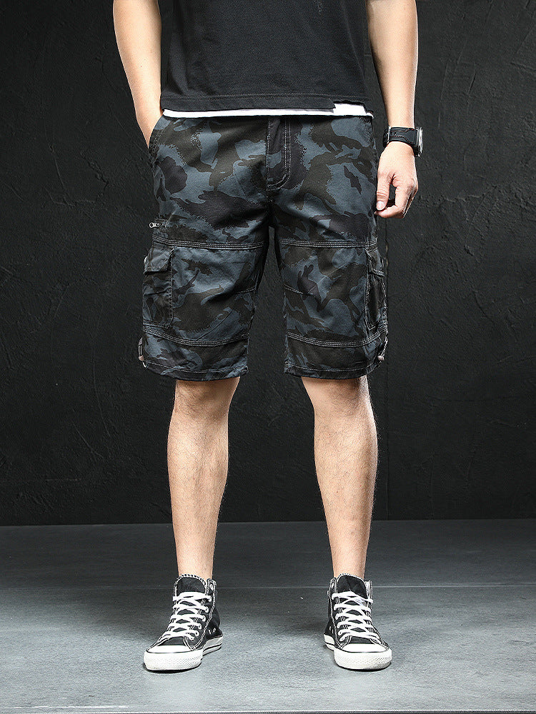 Summer Men's Multi-Pocket Workwear Shorts Small Zipper Shorts Loose Casual Pants Mid-Pants Large Pants with Loose Waist