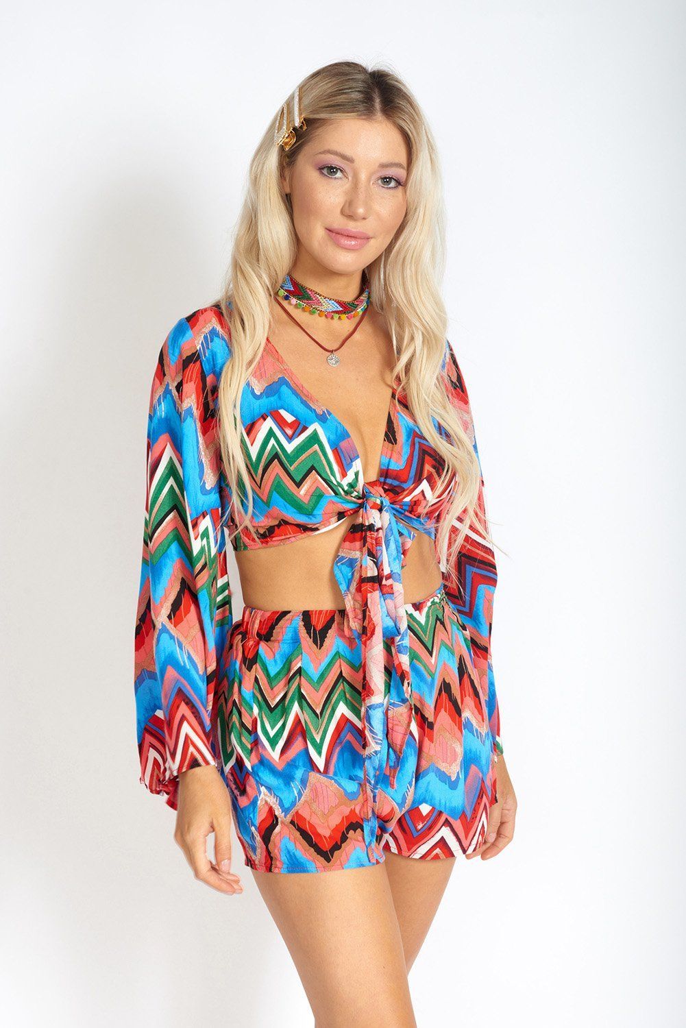 Rainbow Waves Tie-Front Crop Top