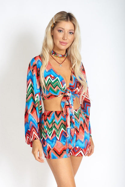 Rainbow Waves Tie-Front Crop Top