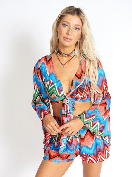 Rainbow Waves Tie-Front Crop Top