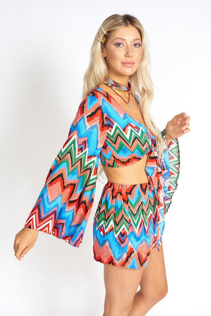 Rainbow Waves Tie-Front Crop Top