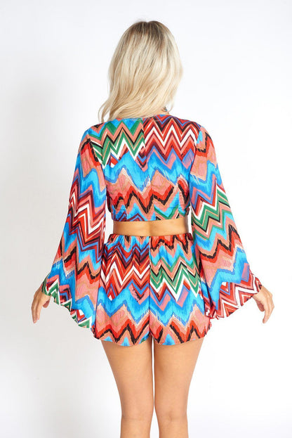 Rainbow Waves Tie-Front Crop Top