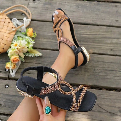 Sandals 2026 Comfortable Ladies Summer Fashion Hollow Rhinestone Flat Bottom Bohemian Slides Women Sandals Zapatos De Mujer
