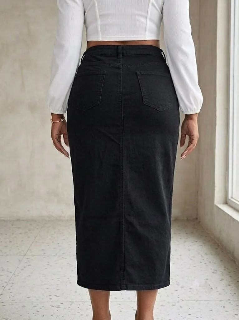 Benuynffy Plus Size High Waist Front Split Denim Midi Skirt Women's New Fashion Vintage Streetwear Washed Bodycon Jean Skirts