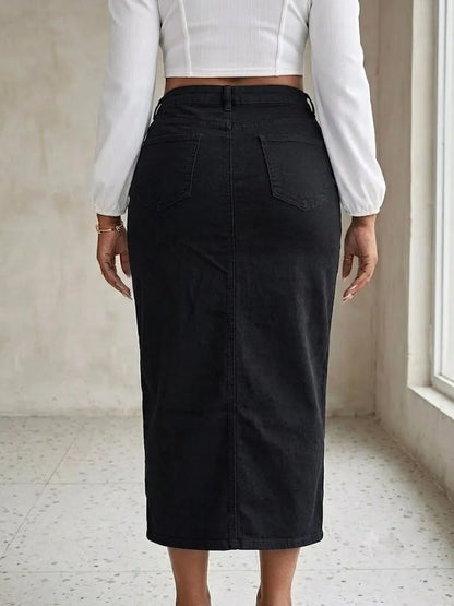 Benuynffy Plus Size High Waist Front Split Denim Midi Skirt Women's New Fashion Vintage Streetwear Washed Bodycon Jean Skirts