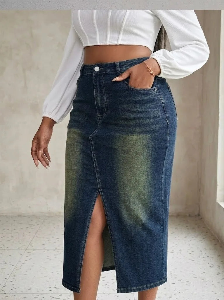 Benuynffy Plus Size High Waist Front Split Denim Midi Skirt Women's New Fashion Vintage Streetwear Washed Bodycon Jean Skirts