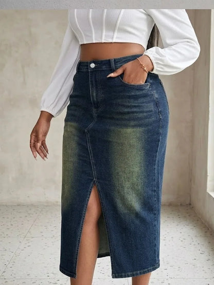 Benuynffy Plus Size High Waist Front Split Denim Midi Skirt Women's New Fashion Vintage Streetwear Washed Bodycon Jean Skirts