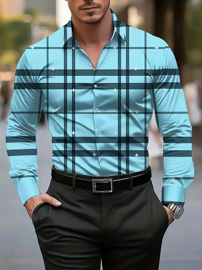 New Fashion Striped Men's Long Sleeve Shirt Spring Button Style Shirt Long Sleeve Collar Casual Comfort