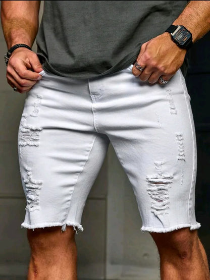 Skinny Ripped Denim Shorts Men's Summer Stretch Slim White Hole Jeans Hip-hop Rock Moto Knee Length Pants Fashion Streetwear