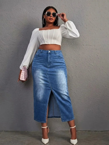 Benuynffy Plus Size High Waist Front Split Denim Midi Skirt Women's New Fashion Vintage Streetwear Washed Bodycon Jean Skirts