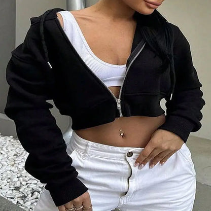 Women Casual Solid Color Short Hoodie New Autumn Winter Zipper Cardigan Hooded Sweatshirt Female Korean Thickened Warm Outerwear