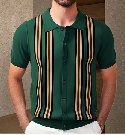 Men Striped Polo Shirts Single Breasted Tees Cardigan Knitted Short Sleeve Shirt Business Loose Tops Summer 2025 Buttons