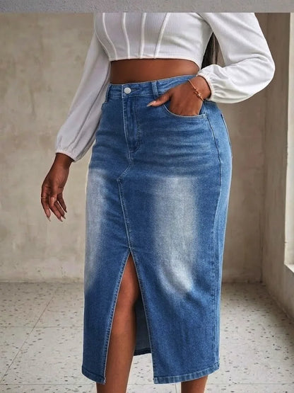 Benuynffy Plus Size High Waist Front Split Denim Midi Skirt Women's New Fashion Vintage Streetwear Washed Bodycon Jean Skirts