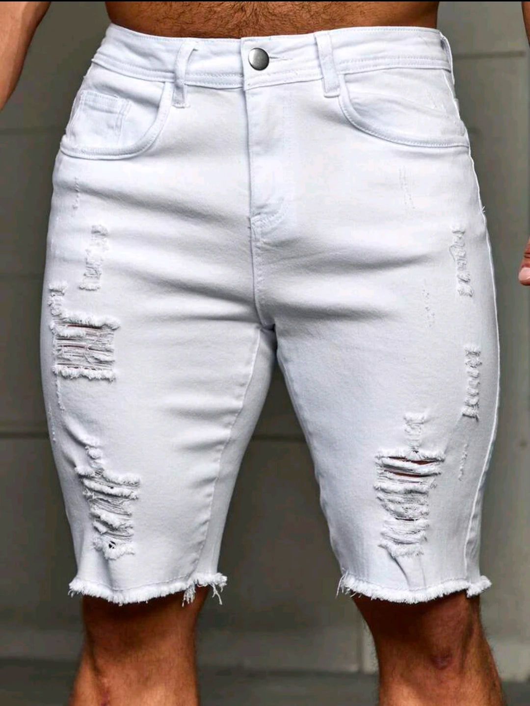 Skinny Ripped Denim Shorts Men's Summer Stretch Slim White Hole Jeans Hip-hop Rock Moto Knee Length Pants Fashion Streetwear