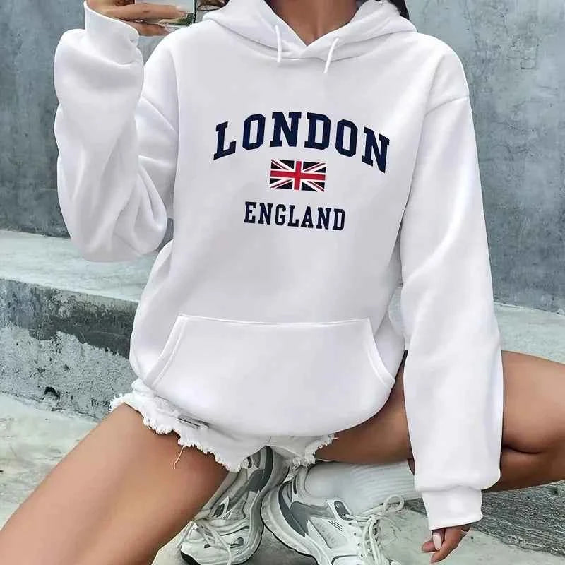 Women's Autumn and Winter Casual Fashion Loose London England Print Hooded Drawstring Long Sleeved Warm Pullover