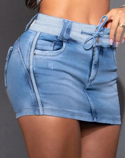 Women's Shorts 2025 Summer Fashion Contrast Binding Ripped Drawstring High Waist Pocket Design Streetwear Casual Denim Skorts