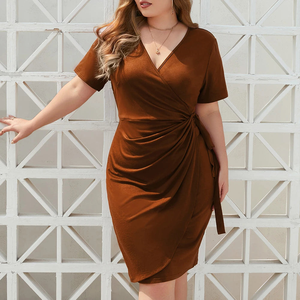 Women Short Sleeved Summer Holiday Dress Casual Solid Color Plus Size Chic Elegant Dresses Large Size Female Midi Dress