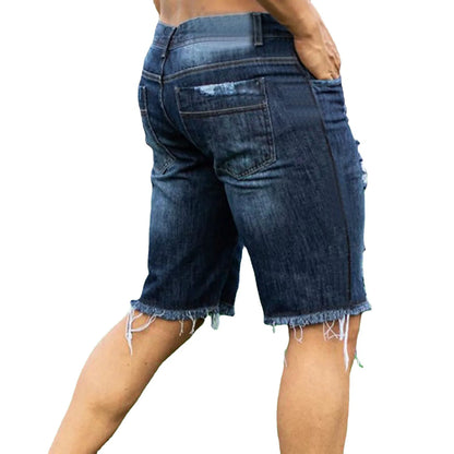 2026 New Hole-washed Water Buffalo Denim Short Pants - Men's Trendy Loose Straight Five-Piece Casual Shorts - Summer New Style