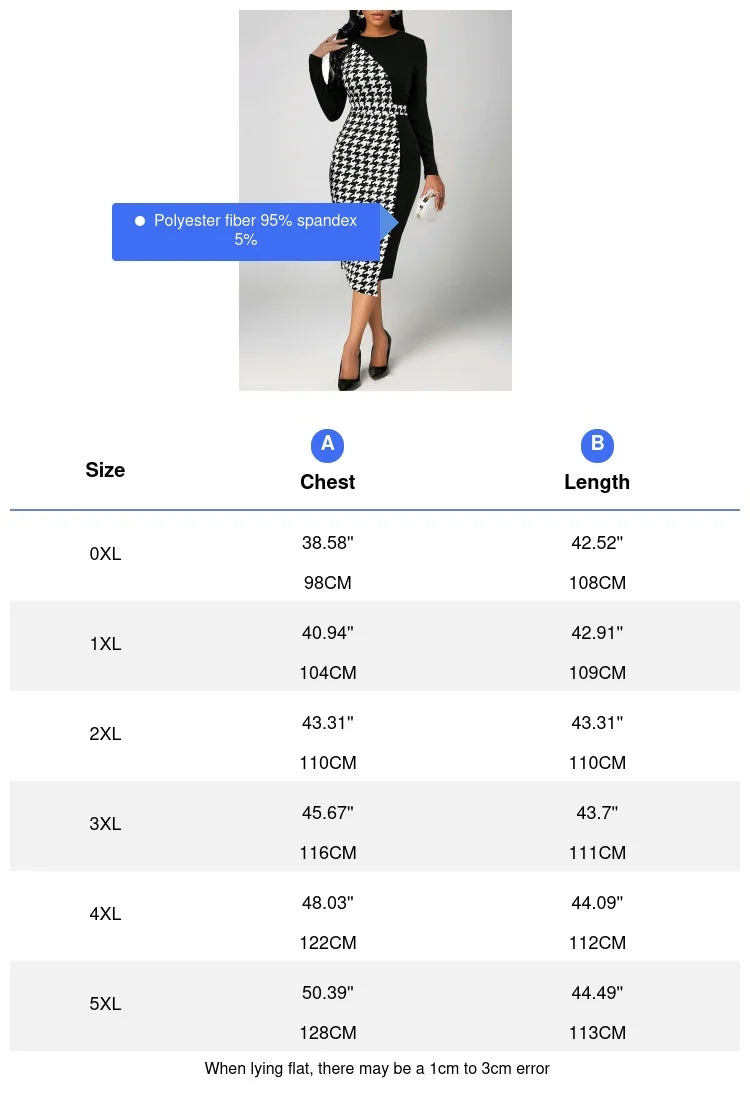 Plus Size Women Elegant Dress Thousand-Bird Lattice Color Contrast Printed Long-Sleeved OL Commuter Wind Bag Hip Elastic Dress