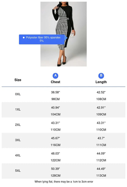 Plus Size Women Elegant Dress Thousand-Bird Lattice Color Contrast Printed Long-Sleeved OL Commuter Wind Bag Hip Elastic Dress