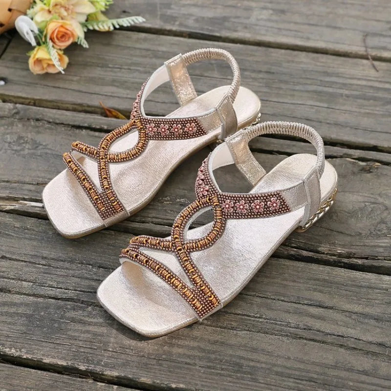 Sandals 2026 Comfortable Ladies Summer Fashion Hollow Rhinestone Flat Bottom Bohemian Slides Women Sandals Zapatos De Mujer