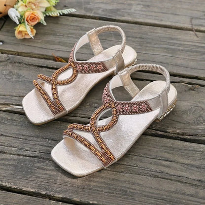 Sandals 2026 Comfortable Ladies Summer Fashion Hollow Rhinestone Flat Bottom Bohemian Slides Women Sandals Zapatos De Mujer