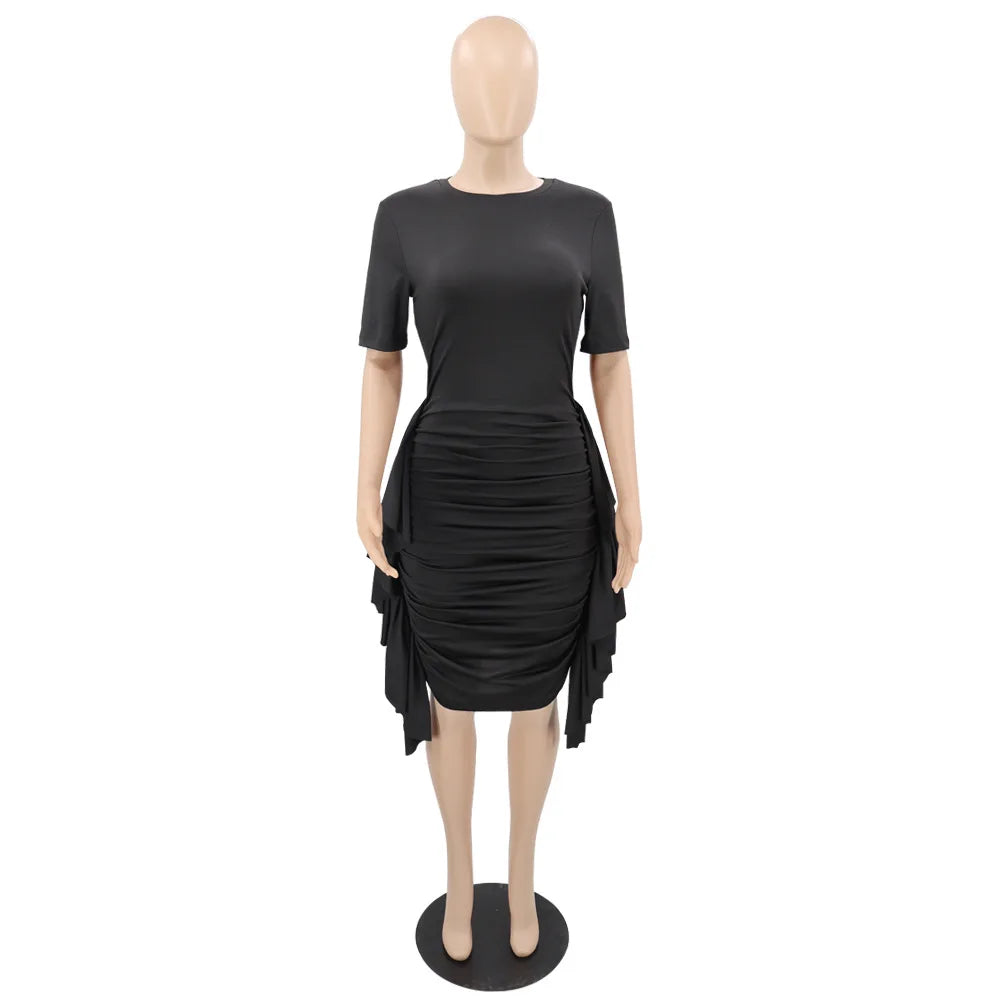 African Dresses for Women Summer Elegant African Short Sleeve O-neck Ruffled Skinny Slim Party Evening Dress African Clothing