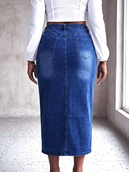 Benuynffy Plus Size High Waist Front Split Denim Midi Skirt Women's New Fashion Vintage Streetwear Washed Bodycon Jean Skirts