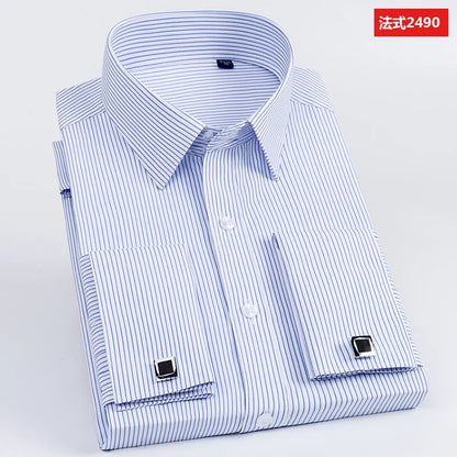Men's French cufflinks shirt, men's slim fit long sleeved business sleeve nail free business formal men's solid color shirt