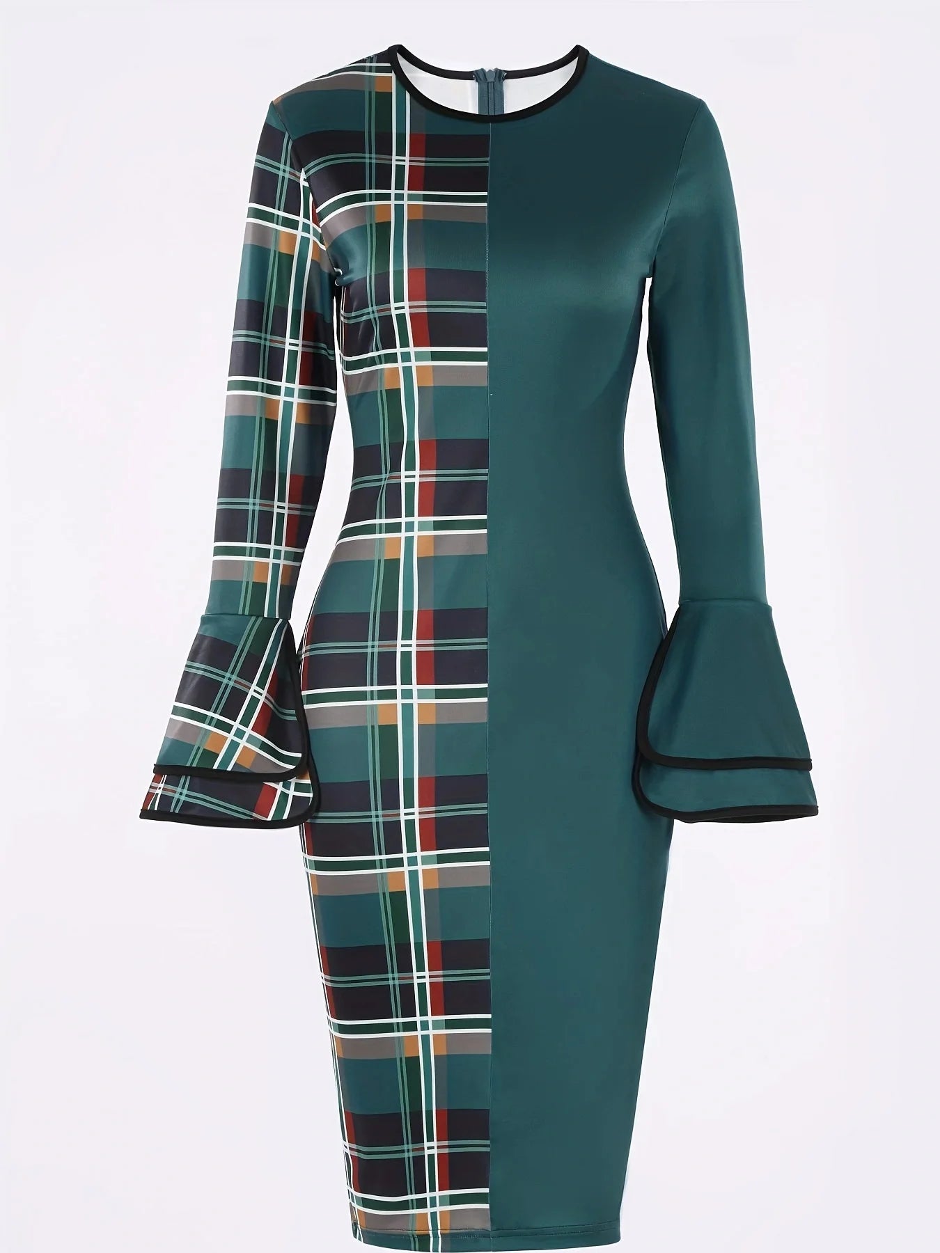 Women's Dress Plaid Patchwork Green Round Neck Tight Dress, No Belt