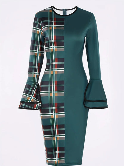 Women's Dress Plaid Patchwork Green Round Neck Tight Dress, No Belt