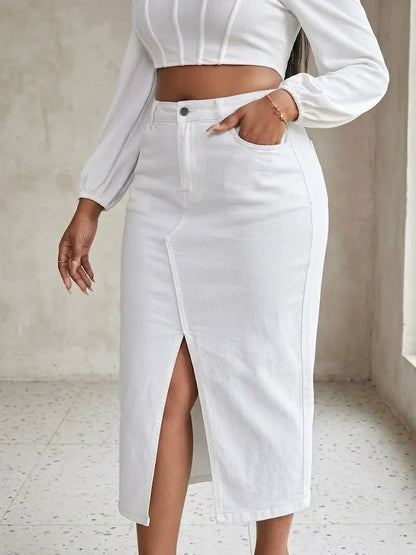 Benuynffy Plus Size High Waist Front Split Denim Midi Skirt Women's New Fashion Vintage Streetwear Washed Bodycon Jean Skirts