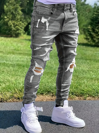 Men's Slim Fit Jeans with Rips for Casual Wear Comfortable Stretch Denim Trousers for Daily Use