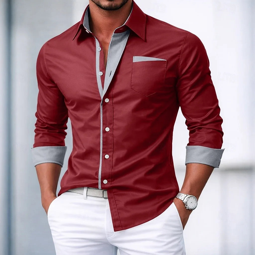 Men's shirt button-down shirt color block casual daily wear navy blue royal blue long sleeve cuffed spring and autumn clothing c