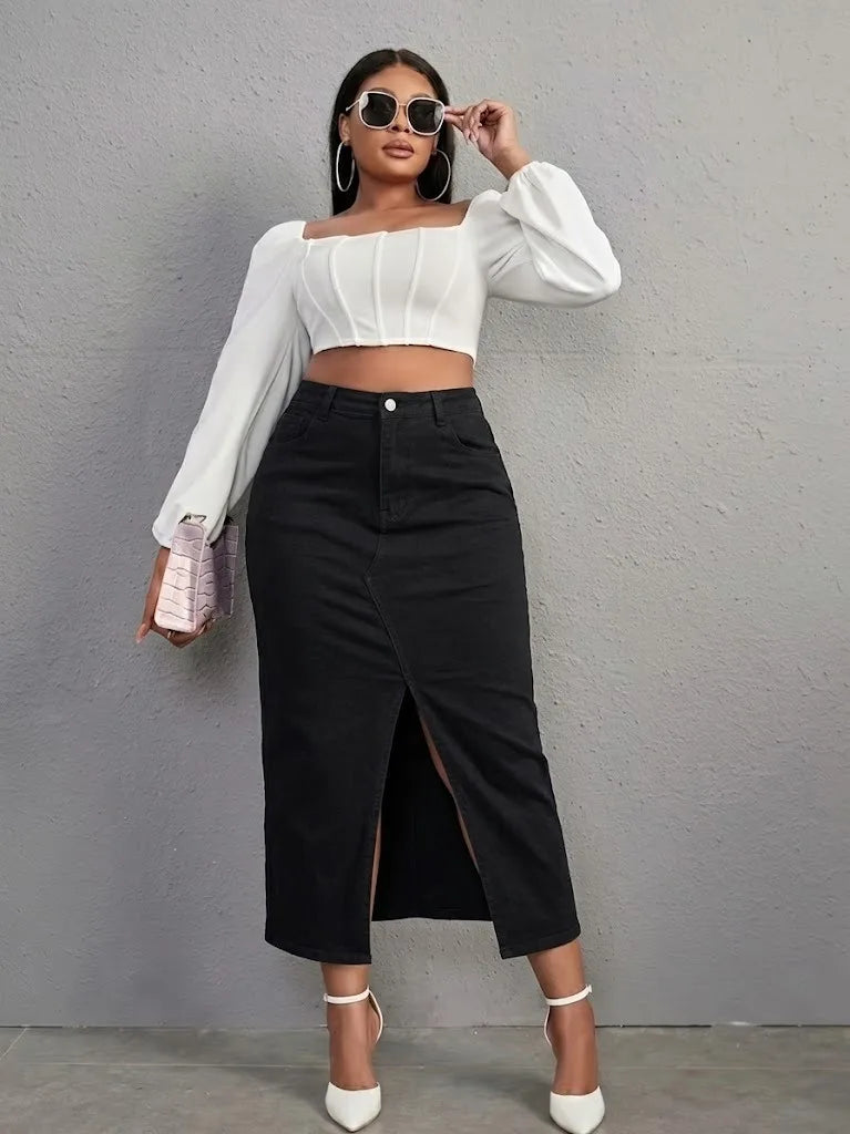 Benuynffy Plus Size High Waist Front Split Denim Midi Skirt Women's New Fashion Vintage Streetwear Washed Bodycon Jean Skirts