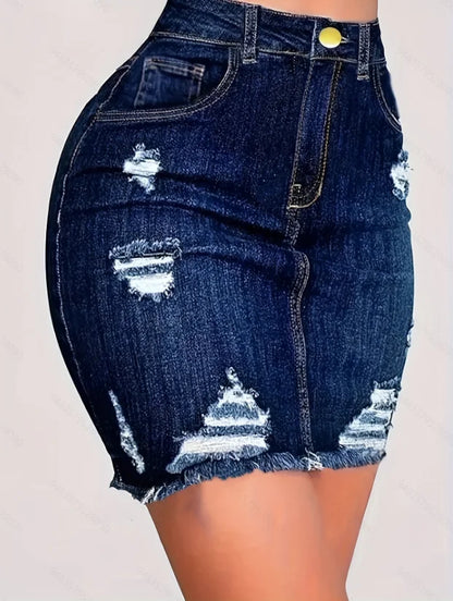 Dark Blue Ripped, Frayed-Edge, Bodycon Denim Skirt