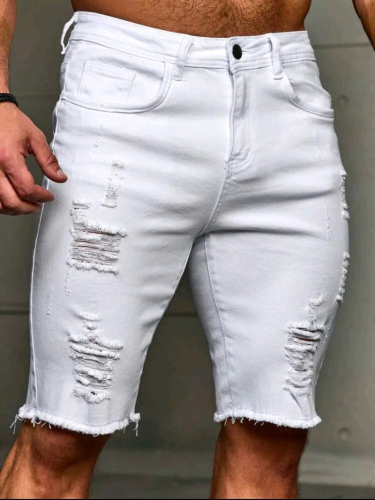 Skinny Ripped Denim Shorts Men's Summer Stretch Slim White Hole Jeans Hip-hop Rock Moto Knee Length Pants Fashion Streetwear