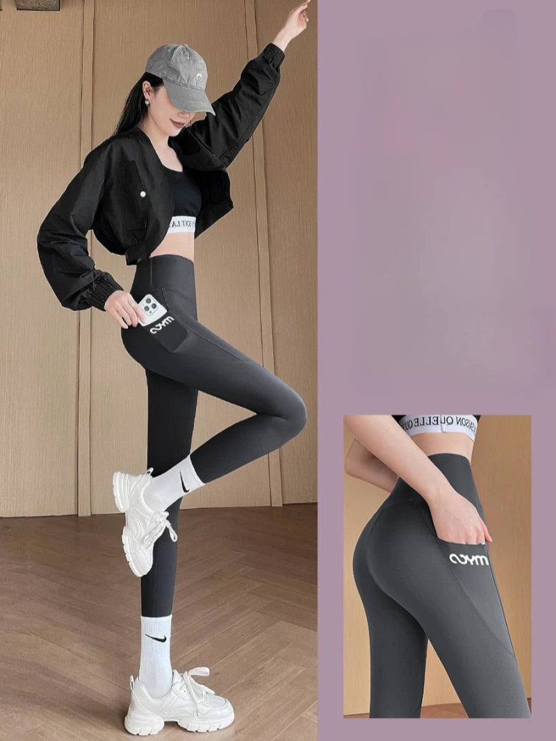 Horetong Women Sports Pants With Pocket High Waist Fitness Running Casual Streetwear Trousers Female Tight Workout Gym Clothing