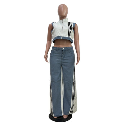 2 Pieces Women's Sets 2025 Spring Summer Denim Sleeveless Suit Tops And Wide Leg Pants Suits Two Piece Set Tracksuit Outfit