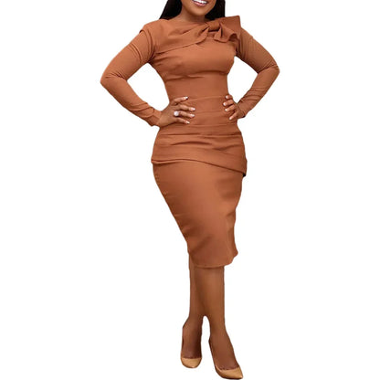 African Bodycon Dresses for Women Autumn Elegant African Long Sleeve O-neck Polyester Knee-length Dress Dashiki African Clothing
