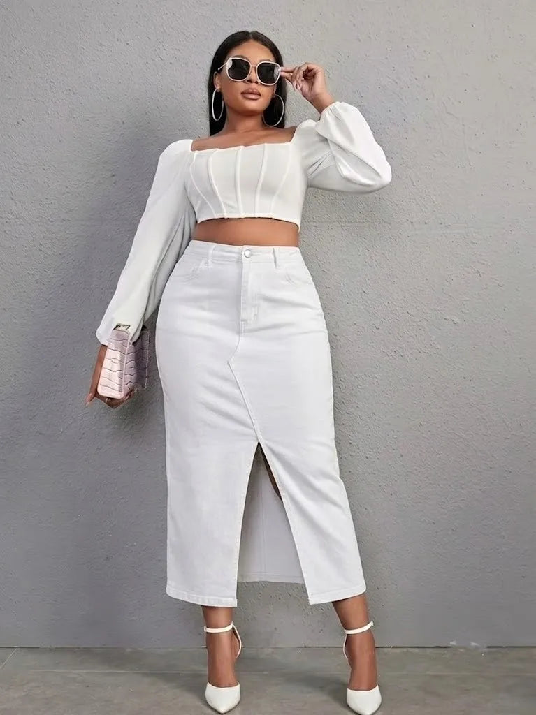 Benuynffy Plus Size High Waist Front Split Denim Midi Skirt Women's New Fashion Vintage Streetwear Washed Bodycon Jean Skirts