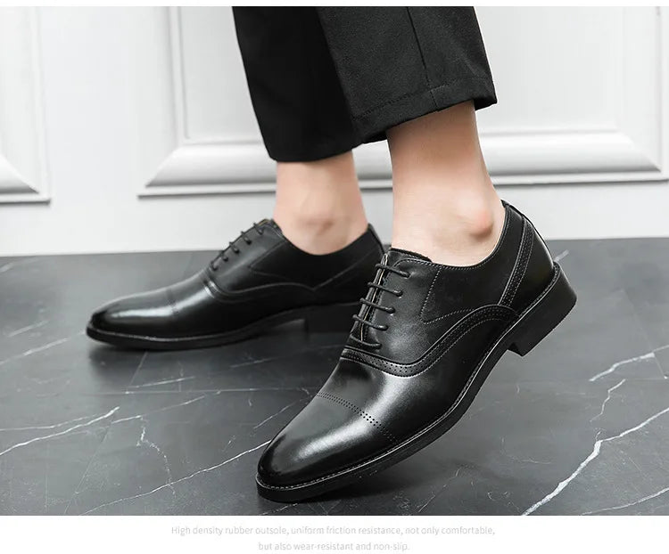 Designer Brand Black Leather Shoes for Men Wed Dress Shoe Lace Up Casual Business Oxfords Point Toe Office Formal Shoes for Male