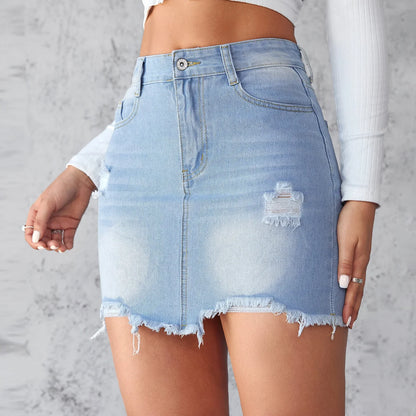 Summer New Women's Denim Skirt Fashion Short Sexy Ripped Raw Edge Jeans Mini A-line Skirt XS-2XL Drop Shipping