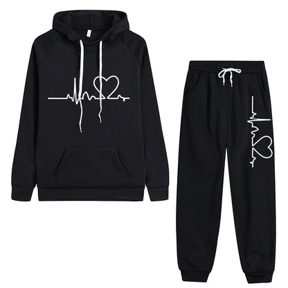 Womens Tracksuit Heart Printing Hooded Sweatshirts Suit Gym Jogging Clothing Autumn Winter Fleece Warm Popular Casual Pants Sets