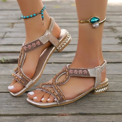 Sandals 2026 Comfortable Ladies Summer Fashion Hollow Rhinestone Flat Bottom Bohemian Slides Women Sandals Zapatos De Mujer