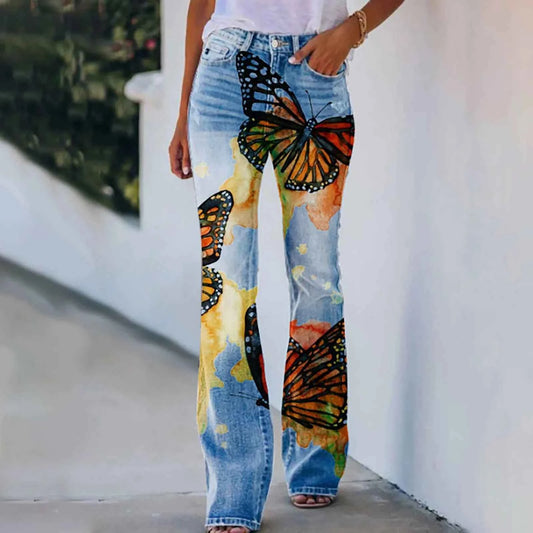Jeans For Women High Waist Cargo Pants Bootcut Distressed Flared Denim Print Pants Flower Print Faux Denim Jeans Джинсы Женский