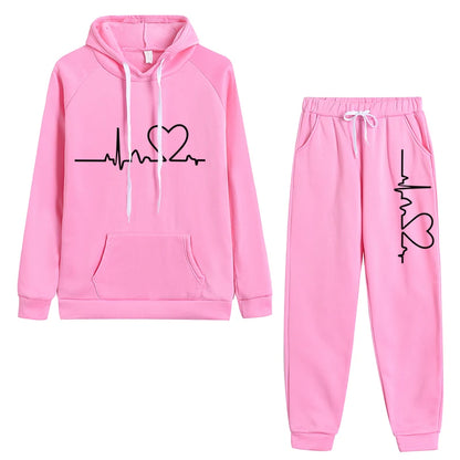 Womens Tracksuit Heart Printing Hooded Sweatshirts Suit Gym Jogging Clothing Autumn Winter Fleece Warm Popular Casual Pants Sets