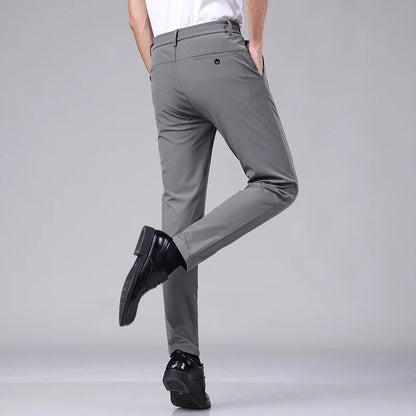 Ultra-thin Elastic Men's Casual Trousers Summer Quick-drying Ice Silk Slim Straight Business Solid Color Trousers Black Gray